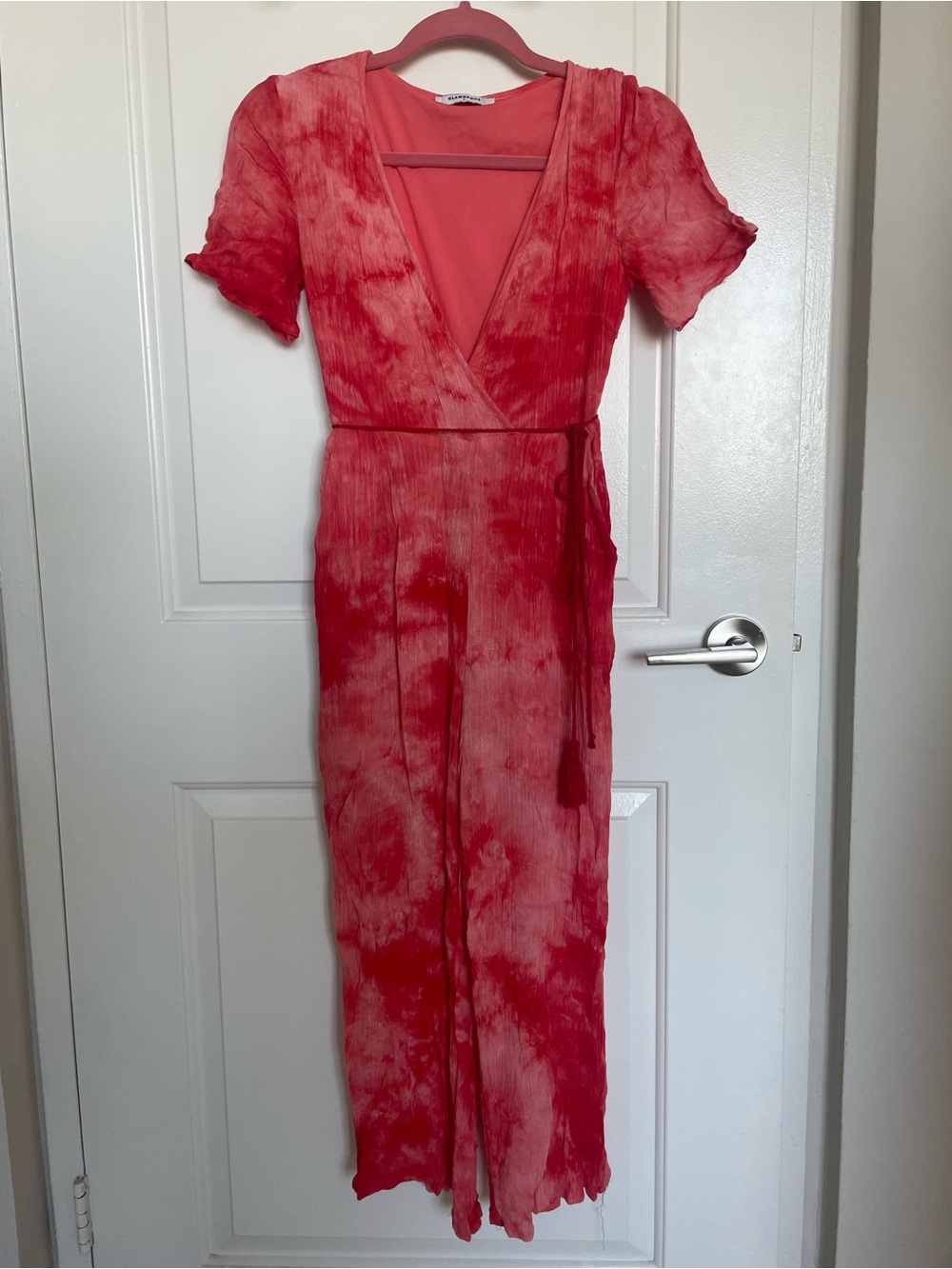 Glamorous Red Tie-Dye Wrap-Style Jumpsuit
